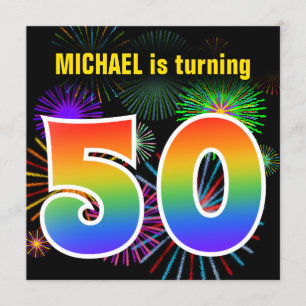Fun Fireworks + Rainbow Pattern "50" Birthday # Invitation