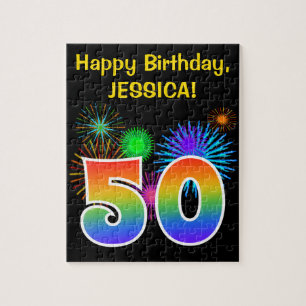 Fun Fireworks + Rainbow Pattern "50" Birthday # Jigsaw Puzzle
