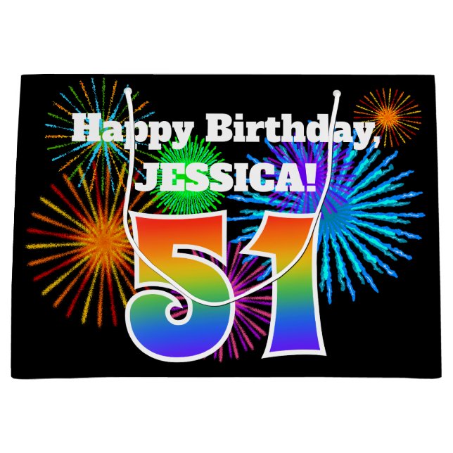 Fun Fireworks + Rainbow Pattern "51" Birthday # Large Gift Bag (Front)