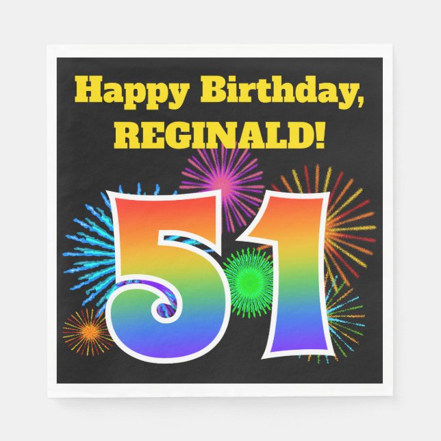 Fun Fireworks + Rainbow Pattern "51" Birthday # Napkin (Front)