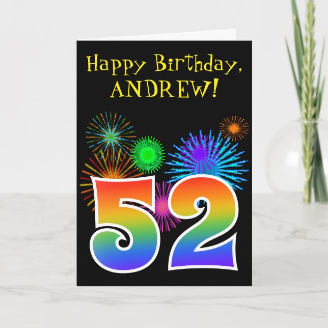 Fun Fireworks + Rainbow Pattern "52" Birthday # Card (Front)