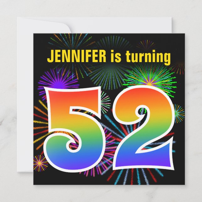 Fun Fireworks + Rainbow Pattern "52" Birthday # Invitation (Front)