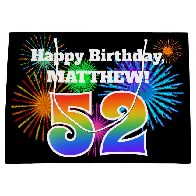 Fun Fireworks + Rainbow Pattern "52" Birthday # Large Gift Bag (Front)