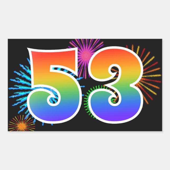 Fun Fireworks + Rainbow Pattern "53" Event Number Rectangular Sticker (Front)