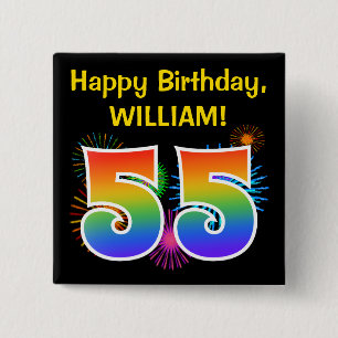 Fun Fireworks + Rainbow Pattern "55" Birthday # 15 Cm Square Badge