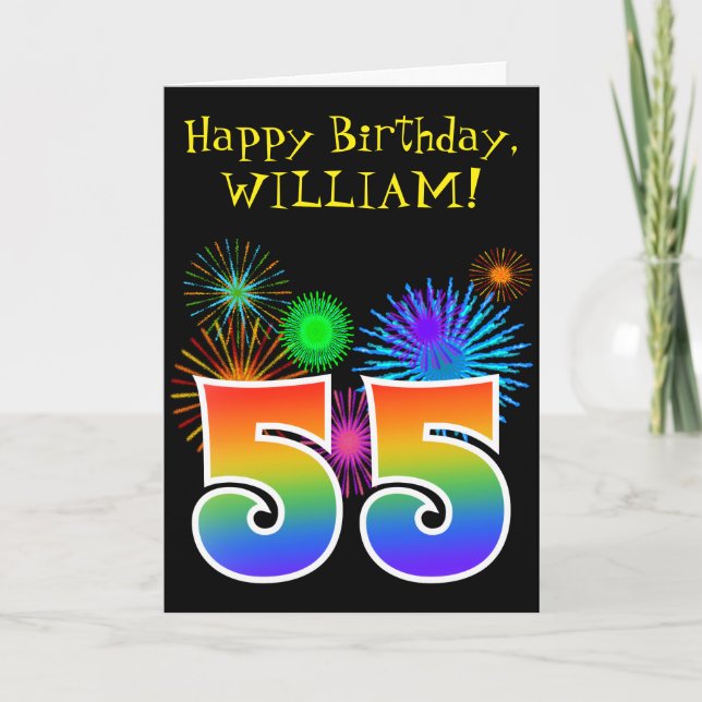 Fun Fireworks + Rainbow Pattern "55" Birthday # Card (Front)