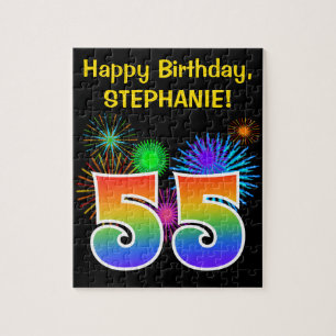 Fun Fireworks + Rainbow Pattern "55" Birthday # Jigsaw Puzzle