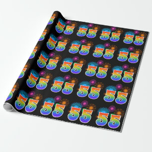 Fun Fireworks + Rainbow Pattern "55" Event Number Wrapping Paper