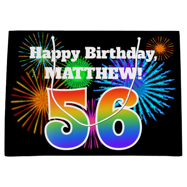 Fun Fireworks + Rainbow Pattern "56" Birthday # Large Gift Bag (Front)