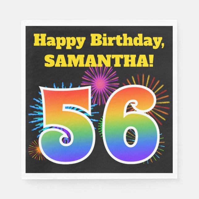 Fun Fireworks + Rainbow Pattern "56" Birthday # Napkin (Front)