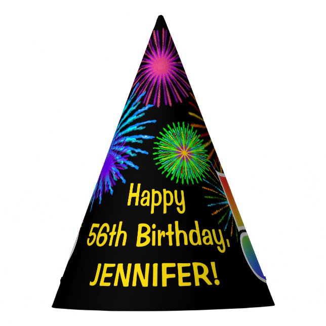 Fun Fireworks + Rainbow Pattern "56" Birthday # Party Hat (Front)