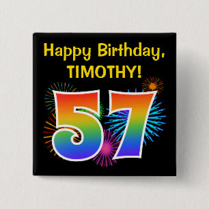 Fun Fireworks + Rainbow Pattern "57" Birthday # 15 Cm Square Badge