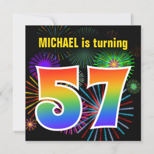 Fun Fireworks + Rainbow Pattern "57" Birthday # Invitation