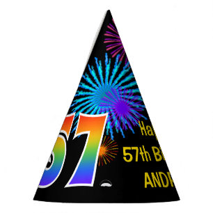 Fun Fireworks + Rainbow Pattern "57" Birthday # Party Hat