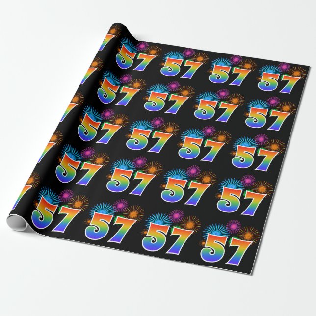 Fun Fireworks + Rainbow Pattern "57" Event Number Wrapping Paper (Unrolled)