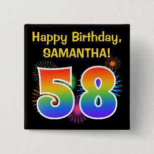 Fun Fireworks + Rainbow Pattern "58" Birthday # 15 Cm Square Badge