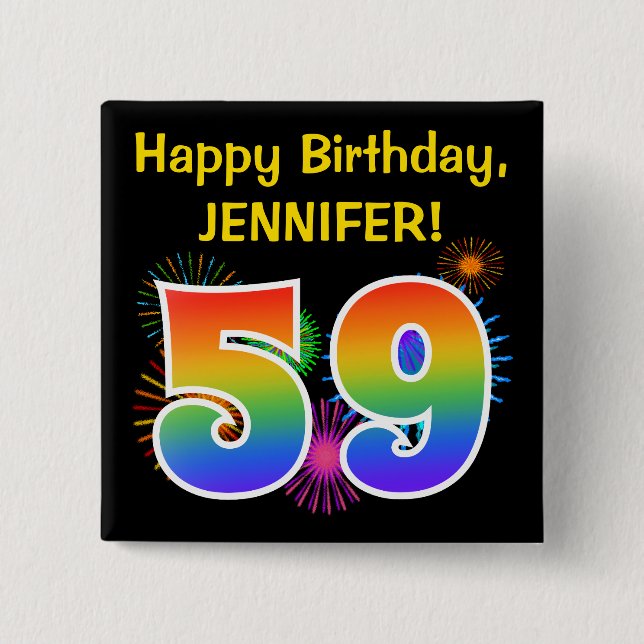 Fun Fireworks + Rainbow Pattern "59" Birthday # 15 Cm Square Badge (Front)