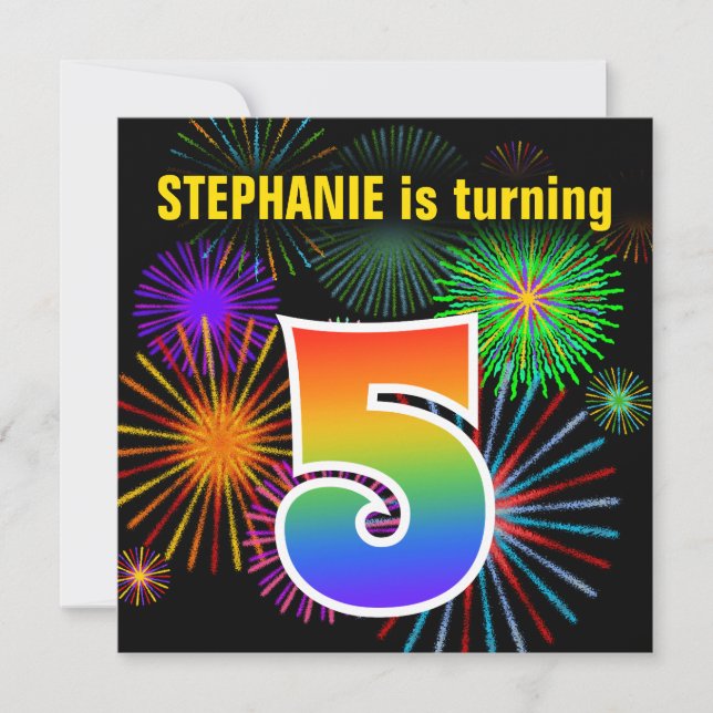 Fun Fireworks + Rainbow Pattern "5" Birthday # Invitation (Front)