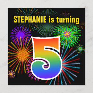 Fun Fireworks + Rainbow Pattern "5" Birthday # Invitation