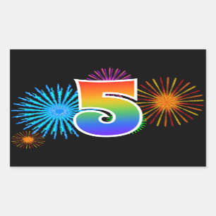 Fun Fireworks + Rainbow Pattern "5" Event Number Rectangular Sticker