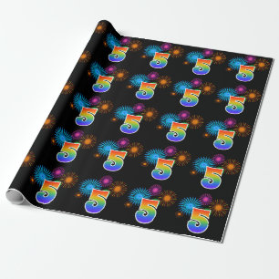Fun Fireworks + Rainbow Pattern "5" Event Number Wrapping Paper