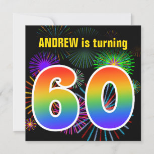 Fun Fireworks + Rainbow Pattern "60" Birthday # Invitation