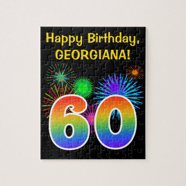 Fun Fireworks + Rainbow Pattern "60" Birthday # Jigsaw Puzzle (Vertical)