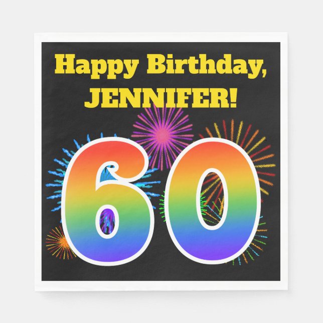 Fun Fireworks + Rainbow Pattern "60" Birthday # Napkin (Front)
