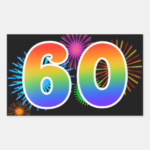 Fun Fireworks + Rainbow Pattern "60" Event Number Rectangular Sticker