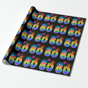 Fun Fireworks + Rainbow Pattern "60" Event Number Wrapping Paper