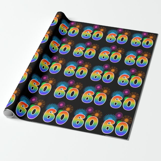 Fun Fireworks + Rainbow Pattern "60" Event Number Wrapping Paper (Unrolled)