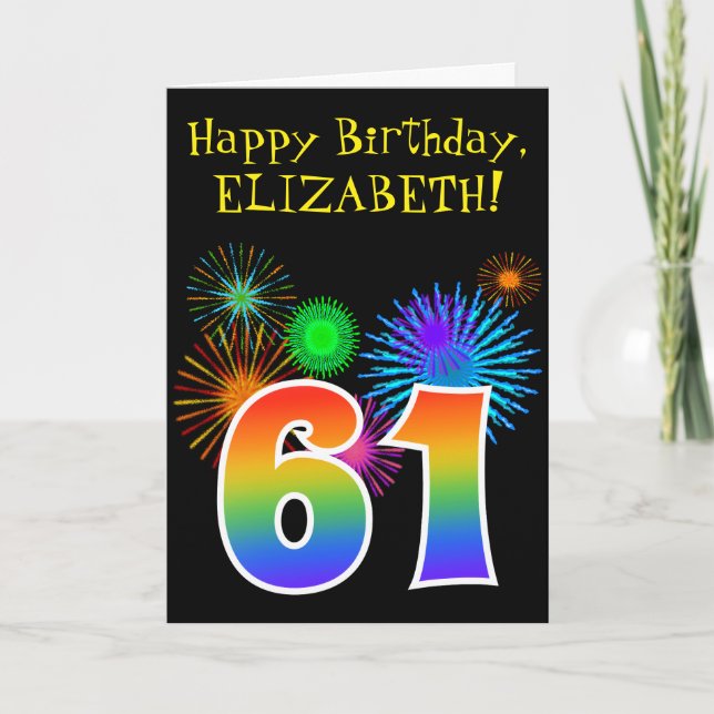 Fun Fireworks + Rainbow Pattern "61" Birthday # Card (Front)