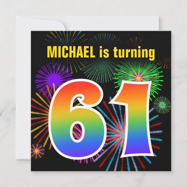 Fun Fireworks + Rainbow Pattern "61" Birthday # Invitation (Front)