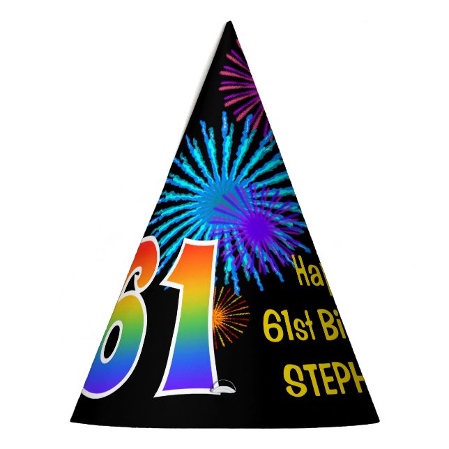 Fun Fireworks + Rainbow Pattern "61" Birthday # Party Hat (Left)