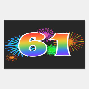 Fun Fireworks + Rainbow Pattern "61" Event Number Rectangular Sticker