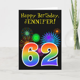 Fun Fireworks + Rainbow Pattern "62" Birthday # Card