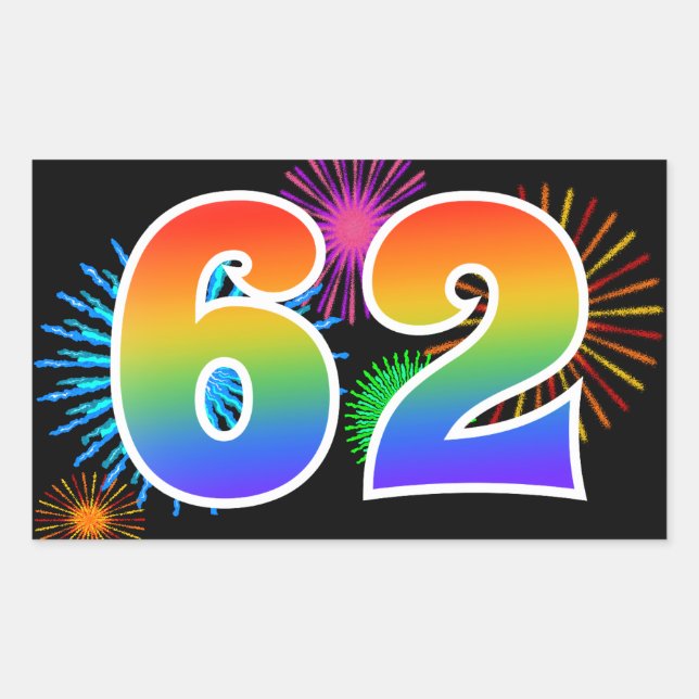Fun Fireworks + Rainbow Pattern "62" Event Number Rectangular Sticker (Front)