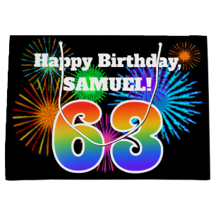 Fun Fireworks + Rainbow Pattern "63" Birthday # Large Gift Bag