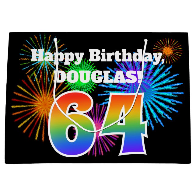 Fun Fireworks + Rainbow Pattern "64" Birthday # Large Gift Bag (Front)