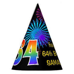 Fun Fireworks + Rainbow Pattern "64" Birthday # Party Hat