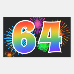 Fun Fireworks + Rainbow Pattern "64" Event Number Rectangular Sticker