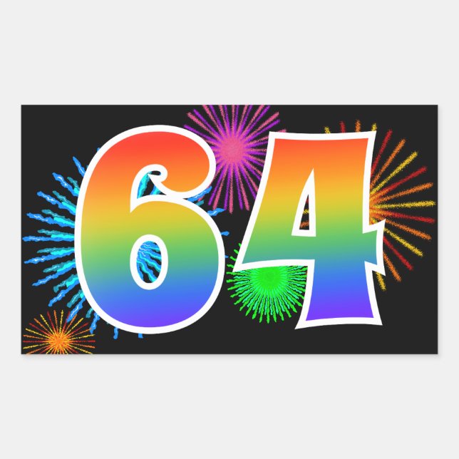 Fun Fireworks + Rainbow Pattern "64" Event Number Rectangular Sticker (Front)