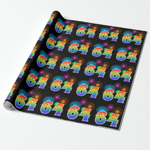 Fun Fireworks + Rainbow Pattern "64" Event Number Wrapping Paper