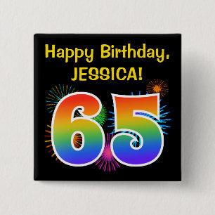 Fun Fireworks + Rainbow Pattern "65" Birthday # 15 Cm Square Badge