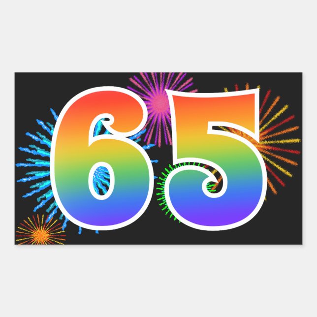 Fun Fireworks + Rainbow Pattern "65" Event Number Rectangular Sticker (Front)