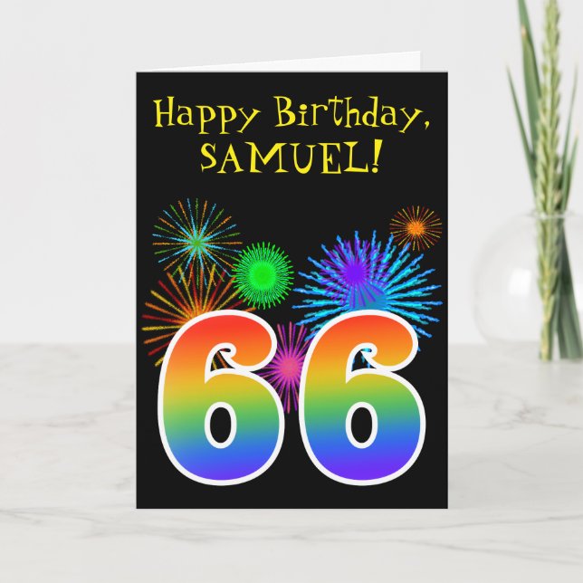 Fun Fireworks + Rainbow Pattern "66" Birthday # Card (Front)