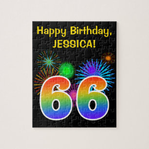 Fun Fireworks + Rainbow Pattern "66" Birthday # Jigsaw Puzzle