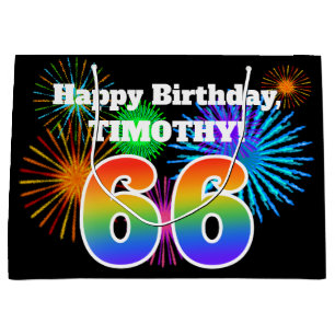 Fun Fireworks + Rainbow Pattern "66" Birthday # Large Gift Bag