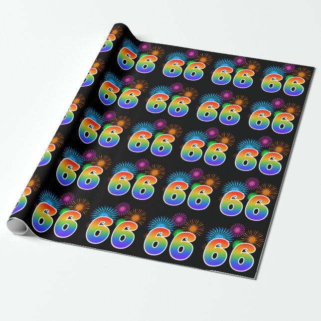 Fun Fireworks + Rainbow Pattern "66" Event Number Wrapping Paper (Unrolled)