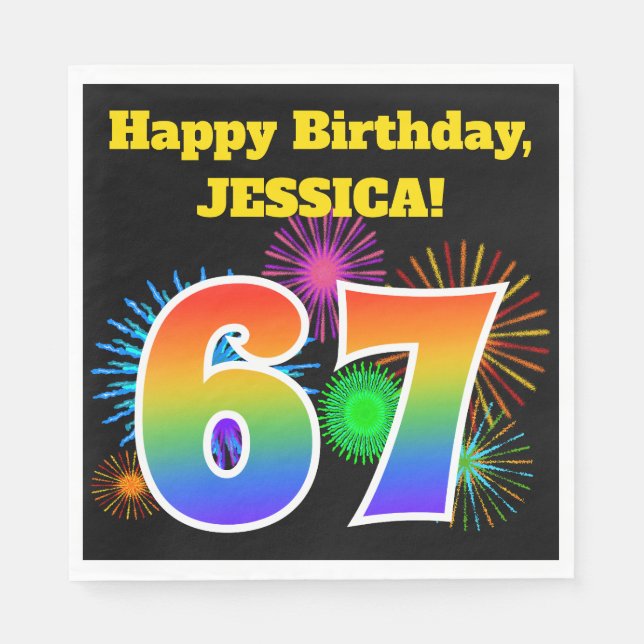 Fun Fireworks + Rainbow Pattern "67" Birthday # Napkin (Front)